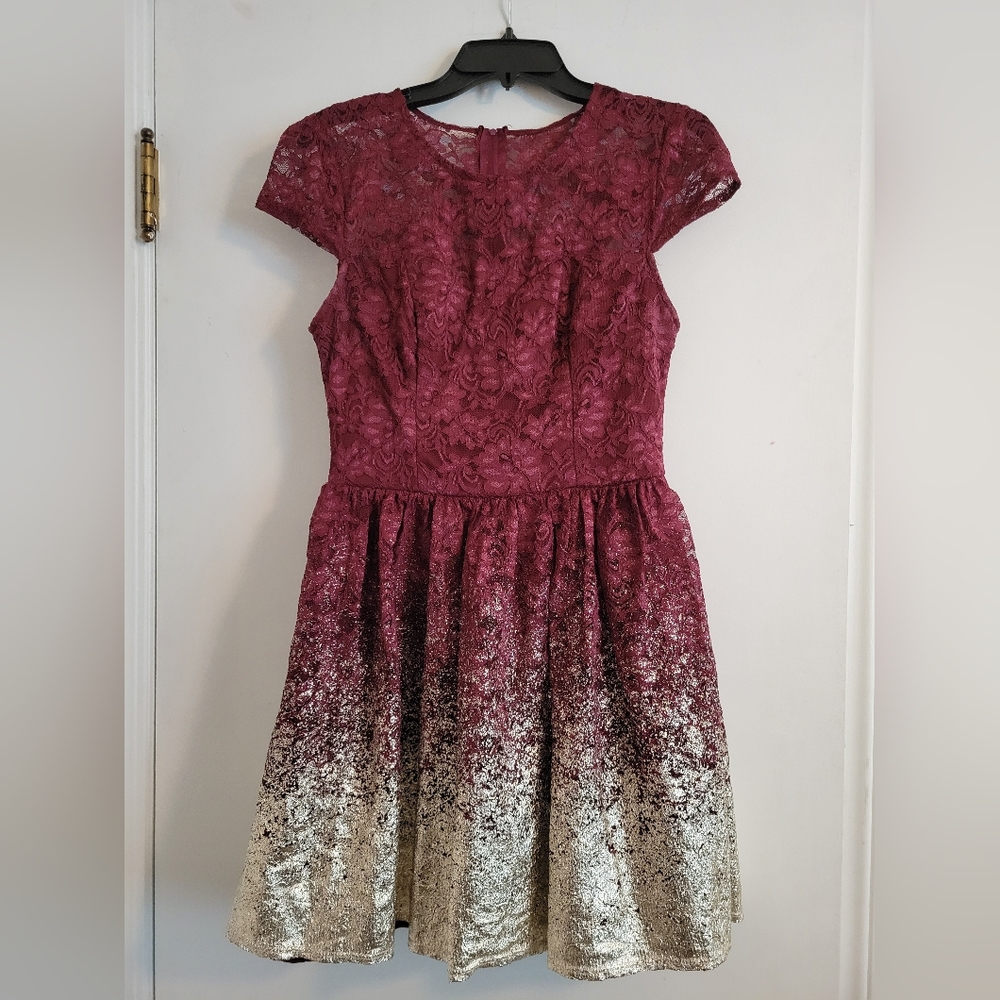 Burgundy and gold cocktail dress